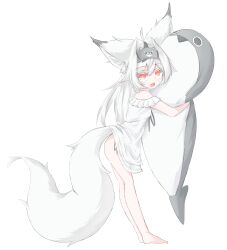 Rule 34 | 1girl, :d, absurdres, animal ears, barefoot, dress, fang, fox ears, fox girl, fox tail, full body, highres, hugging doll, hugging object, large ears, long hair, looking at viewer, mask, mask on head, mifumo kitsunebi, open mouth, orange eyes, original, see-through silhouette, short dress, simple background, skin fang, sleep mask, smile, tail, white background, white dress, white hair