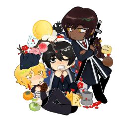 Rule 34 | 1girl, 2boys, bags under eyes, black coat, black eyes, black hair, blade lineage (identity) (project moon), blonde hair, brown hair, coat, collared shirt, dark-skinned female, dark skin, deformed, drinking, earrings, flower, food, fruit, full body, highres, holding, holding sword, holding weapon, japanese clothes, jewelry, limbus company, long sleeves, looking at another, looking at viewer, multiple boys, necktie, one eye closed, outis (project moon), persimmon, project moon, rabbit, red flower, red necktie, shirt, short hair, simple background, sinclair (project moon), standing, sword, weapon, white background, wu kai zajiao shiyan shi, yellow eyes, yi sang (project moon)