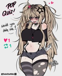 Rule 34 | 1girl, :d, arms behind back, artist name, asymmetrical legwear, bite mark, bite mark on shoulder, black choker, black panties, black shirt, black shorts, black thighhighs, blonde hair, blush, bra strap, breasts, choker, commentary, cowboy shot, cropped shirt, dokidomiki, english commentary, english text, fangs, gauze, gauze on cheek, gauze on face, hair between eyes, hair ornament, heart, highleg, highleg panties, highres, holding, holding behind back, holding knife, holding knife behind back, knife, large breasts, long hair, makeup, mascara, messy hair, mismatched legwear, mole, mole on shoulder, mole on stomach, mole under eye, multiple moles, navel, open mouth, original, panties, panty straps, pink eyes, runny makeup, scar, scar on stomach, shirt, short shorts, shorts, simple background, smile, solo, star (symbol), star hair ornament, stomach, striped clothes, striped thighhighs, sweat, syringe necklace, thighhighs, thighs, torn clothes, torn thighhighs, twitter username, twitter x logo, two side up, underwear, uneven bangs, very long hair, white background