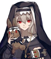 Rule 34 | 1girl, anpoai, arknights, black headscarf, black nails, chain, chinese commentary, commentary request, fingernails, gold, gold chain, grey hair, hair between eyes, headscarf, highres, holding, long hair, long sleeves, looking at viewer, nail polish, open mouth, red eyes, smile, solo, specter (arknights), stuffed animal, stuffed toy, upper body