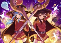 Rule 34 | 1girl, 1other, absurdres, bandaged leg, bandages, belt, black cape, black hair, blue hair, blush, cape, chocoeiru, cosplay, cowboy shot, dress, fingerless gloves, gloves, hat, highres, holding, holding staff, kono subarashii sekai ni bakuen wo!, kono subarashii sekai ni shukufuku wo!, long hair, megumin, megumin (cosplay), red dress, red eyes, rimuru tempest, short hair with long locks, single thighhigh, slime (creature), smile, staff, tensei shitara slime datta ken, thighhighs, witch hat, yellow eyes