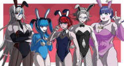 2boys 3girls amemiya_darumi animal_ear_hairband animal_ears aotsuki_eito black_bodysuit black_bow black_hair black_pantyhose blue_background blue_bodysuit blue_eyes blue_hair bodysuit border bow braid breasts cleavage closed_mouth crossdressing detached_collar embarrassed fake_animal_ears glasses hair_between_eyes hairband heart heterochromia highres large_breasts leotard long_sleeves looking_at_viewer makeup middinos mojiro_moko multicolored_bodysuit multicolored_hair multiple_boys multiple_girls muscular muscular_female navel necktie one_eye_closed pantyhose parted_hair pink_bodysuit pink_eyes playboy_bunny purple_eyes purple_hair rabbit_ear_hairband rabbit_ears red_bodysuit red_bow red_eyes red_hair simple_background smile sumino_takumi teeth the_hundred_line_-last_defense_academy- twin_braids twintails upper_teeth_only v&#039;ehxness white_border white_hair wings