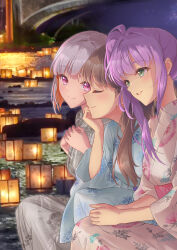 Rule 34 | 3girls, absurdres, alternate costume, blue kimono, blush, brown hair, closed mouth, colored inner hair, commentary request, floral print, floral print kimono, fujishima megumi, green eyes, grey hair, grey kimono, grin, hair bun, hair intakes, hands on lap, highres, hydrangea print, japanese clothes, kimono, kobassy, lantern, link! like! love live!, long hair, love live!, multicolored hair, multiple girls, otomune kozue, outdoors, photo background, pink eyes, print kimono, profile, purple hair, red hair, short hair, side ponytail, sidelocks, single side bun, sitting, smile, split mouth, streaked hair, three-quarter sleeves, virtual youtuber, white kimono, yugiri tsuzuri