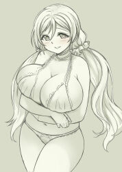 Rule 34 | 1girl, blush, bra, breasts, cleavage, collarbone, commentary request, cowboy shot, grey background, greyscale, grin, hair between eyes, halterneck, lace, lace-trimmed bra, lace-trimmed panties, lace trim, long hair, looking at viewer, love live!, love live! school idol project, low twintails, monochrome, navel, panties, pas (paxiti), simple background, smile, solo, spot color, standing, stomach, thick thighs, thighs, tojo nozomi, twintails, underwear, underwear only, very long hair