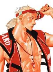 1boy abs adjusting_clothes adjusting_headwear arm_up bare_pectorals blonde_hair brown_eyes collarbone commentary_request hat highres korean_commentary lifeguard lifeguarder_lifeweaver lifeweaver_(overwatch) looking_ahead male_focus nipples official_alternate_costume overwatch pectorals profile red_hat red_vest shiny_skin simple_background solo su_hanmoo toned toned_male upper_body vest visor_cap whistle whistle_around_neck white_background
