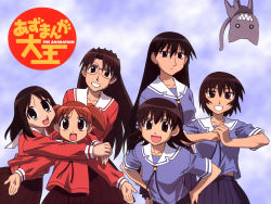 6+girls azumanga_daiou brown_eyes brown_hair cat child copyright_name eyebrows glasses grin highres hug kagura kagura_(azumanga_daioh) kamineko kasuga_ayumu long_hair looking_at_viewer mihama_chiyo mizuhara_koyomi multiple_girls official_art open_mouth orange_hair pleated_skirt sakaki_(azumanga_daioh) school_uniform serafuku sharp_teeth short_twintails skirt smile standing takino_tomo teeth twintails upside-down