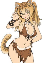 1girl animal_ear_fluff animal_ears animal_print bikini black_choker blonde_hair bone bone_hair_ornament bracelet breasts brown_bikini cavewoman choker claw_pose contrapposto cowboy_shot fang fingernails flat_color fur-trimmed_bikini fur_trim furrowed_brow gradient_hair hair_ornament hand_on_own_hip hand_up highres houtengeki jewelry loincloth long_fingernails long_hair medium_breasts multicolored_hair navel necklace open_mouth original pelt print_loincloth short_eyebrows sidelocks simple_background skin_fang solo striped_hair swimsuit tail tiger_ears tiger_girl tiger_girl_(houtengeki) tiger_print tiger_stripes tiger_tail tooth_necklace tribal twintails white_background wristband yellow_eyes