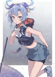 1girl bike_shorts_under_skirt black_shirt blue_eyes blue_hair blush braid food grey_skirt highres hooded_shirt kantai_collection looking_at_viewer official_alternate_costume oil-paper_umbrella open_mouth purple_umbrella shimane_maru_(kancolle) shimane_maru_(rainy_season)_(kancolle) shirt shorts shorts_under_skirt side_braids skirt sleeveless sleeveless_shirt solo sugue_tettou takoyaki teruterubouzu twin_braids umbrella