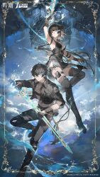 1boy 1girl absurdres aqua_eyes arm_up bandaged_arm bandages black_boots black_bow black_dress black_gloves black_hair black_jacket black_pants black_pouch black_shorts black_thighhighs boots bow breasts chinese_commentary closed_mouth collared_jacket colored_inner_hair commentary_request copyright_notice cross-laced_clothes cross-laced_dress dress dual_persona earrings eye_trail female_rover_(wuthering_waves) gloves grey_shirt hair_between_eyes hair_bow heterochromia highres holding holding_sword holding_weapon jacket jewelry large_breasts light_trail logo long_hair looking_at_viewer male_rover_(wuthering_waves) mei_ren multicolored_hair pangu_terminal_(wuthering_waves) pants parted_lips pelvic_curtain pouch rover_(wuthering_waves) shirt short_shorts shorts sleeveless sleeveless_dress sword thigh_boots thigh_pouch thighhighs thighhighs_under_boots triangle_earrings very_long_hair weapon white_hair wuthering_waves yellow_eyes