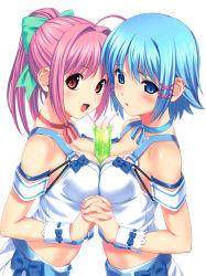 2girls absurdres between_breasts blue_eyes blue_hair blush bow breast_press breasts choker cleavage crop_top drink drinking_straw hair_bow highres himuro_rikka hinata_hanabi holding_hands interlocked_fingers koutaro midriff multiple_girls nail_polish o-ring o-ring_top ponytail red_eyes red_hair sexually_suggestive simple_background symmetrical_docking tropical_kiss waitress wrist_cuffs