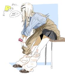 1boy 1girl alternate_costume black_skirt blonde_hair blue_background blue_shirt brown_cardigan brown_shoes cardigan cardigan_around_waist chibi chibi_inset clothes_around_waist desk from_side full_body gakuen_idolmaster gyaru hair_ornament hairclip idolmaster leaning_forward leebo_(leeboxxx) leg_warmers loafers long_hair looking_to_the_side miniskirt on_desk outstretched_legs p-head_producer pleated_skirt producer_(idolmaster) profile school_desk school_uniform scrunchie shinosawa_hiro shirt shoes simple_background sitting skirt sleeves_rolled_up translation_request two-tone_background waving white_background wrist_scrunchie