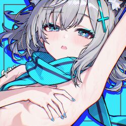 1girl animal_ear_fluff animal_ears arm_up armpits blue_archive blue_eyes blue_nails blue_scarf blush breasts covering_breasts covering_privates earrings grey_hair highres jewelry long_hair looking_at_viewer nude open_mouth rafi_(rafitea) scarf shiroko_(blue_archive) small_breasts solo stud_earrings teeth upper_teeth_only wolf_ears wolf_girl