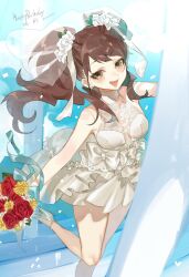 1girl alternate_costume bouquet breasts bride brown_eyes brown_hair commentary_request dress english_text floating_hair flower happy_birthday high_heels highres holding holding_bouquet kujikawa_rise long_hair looking_at_viewer meameeea medium_breasts open_mouth persona persona_4 prsnmea red_flower red_rose rose shoes short_dress smile solo twintails twitter_username wedding_dress white_shoes yellow_flower