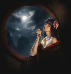 1girl between_breasts black_hair black_kimono blunt_bangs breasts dagger final_fantasy final_fantasy_xiv flower formtheheadcom hair_flower hair_ornament head_tilt highres japanese_clothes kimono knife lens_flare long_hair lotus moon mountain red_trim scabbard sheath solo sword unsheathing upper_body wakizashi weapon window yotsuyu_goe_brutus