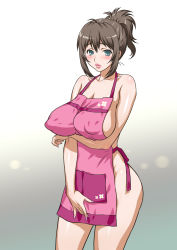 apron arms_under_breasts blush covered_erect_nipples highres inverted_nipples joy_ride kyouko_wa_musuko_senyou_sei_gangu lips lipstick makeup mature_female mole mole_under_mouth nail_polish naked_apron ponytail puffy_lips