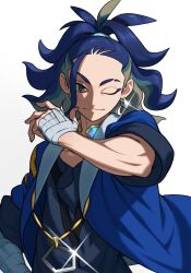 1boy adaman_(pokemon) bite_addict blue_coat blue_hair brown_eyes closed_mouth coat collar earrings eyebrow_cut glint hand_wraps hands_up highres jewelry male_focus necklace nintendo open_clothes open_coat pokemon pokemon_legends:_arceus ponytail short_sleeves simple_background smile solo upper_body white_background