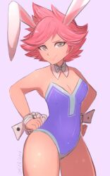Rule 34 | 1girl, 2019, absurdres, alternate costume, animal ears, artist name, bare shoulders, black eyes, blue leotard, breasts, cleavage, collar, commentary, cowboy shot, detached collar, english commentary, fake animal ears, female focus, flipped hair, hands on own hips, highres, kumatora, leotard, looking at viewer, medium breasts, medium hair, mother (series), mother 3, nintendo, nontraditional playboy bunny, omiza somi, pink hair, pink lips, rabbit ears, short hair, simple background, smirk, solo, spiked hair, standing, thighs, v-shaped eyebrows, white background, white collar, white cuffs, wrist cuffs