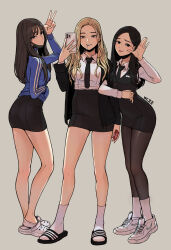 3girls absurdres bare_legs bdpp beautiful_gunbari black_eyes black_jacket black_necktie black_skirt blonde_hair blue_jacket breasts cellphone character_request cho_sun-a cho_ye-ryeong crocs hand_in_pocket hand_up highres jacket kim_gaeul long_sleeves mask medium_breasts mole mole_under_eye mouth_hold mouth_mask multiple_girls necktie pantyhose pencil_skirt phone sandals shoes skirt sneakers socks standing tongue tongue_out unworn_mask v white_footwear white_socks