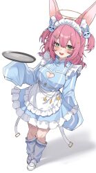 1girl animal_ears apron blue_dress breasts cleavage cleavage_cutout clothing_cutout dreamy_etude dress fishnet_pantyhose fishnets green_eyes halo heart_cutout highres jersey_maid long_hair long_sleeves looking_at_viewer loose_socks maid maid_apron maid_headdress medium_breasts mugripley open_mouth pantyhose pink_hair shoes sleeves_past_fingers sleeves_past_wrists smile socks solo tray two_side_up unconventional_maid virtual_youtuber vivaria_virtual waist_apron