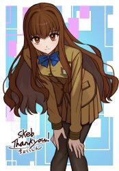 1girl black_pants blue_bow bow breasts brown_eyes brown_hair fate/extra fate_(series) highres kishinami_hakuno_(female) long_hair looking_at_viewer medium_breasts pants pantyhose school_uniform shintyoi2 signature skirt tsukumihara_academy_uniform_(fate/extra)