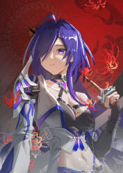 1girl acheron_(honkai:_star_rail) ahoge armor belt black_belt black_choker breasts choker cleavage closed_mouth coat commentary_request criss-cross_halter eyes_visible_through_hair flower hair_over_one_eye halterneck highres holding holding_umbrella honkai:_star_rail honkai_(series) large_breasts long_hair looking_to_the_side midriff multicolored_hair navel oil-paper_umbrella purple_eyes purple_hair rnte5434 shoulder_armor single_bare_shoulder solo spider_lily streaked_hair twitter_username umbrella upper_body white_coat
