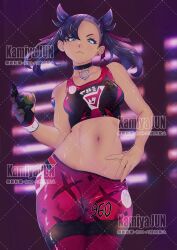 1girl absurdres aqua_eyes arm_tattoo asymmetrical_bangs black_choker black_hair black_sports_bra breasts choker closed_mouth dusk_ball dynamax_band earrings gloves hair_ribbon hand_on_own_hip highres holding holding_poke_ball jewelry kamiya_jun looking_at_viewer marnie_(pokemon) medium_breasts midriff navel nintendo pants poke_ball pokemon pokemon_swsh purple_pants ribbon single_earring single_glove solo sports_bra stomach stud_earrings tattoo twintails undercut watermark watermark_grid
