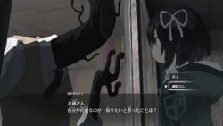 Rule 34 | 1girl, 1other, against glass, aqua eyes, black hair, black necktie, choice, dialogue box, dialogue options, faceless, fake screenshot, gameplay mechanics, green jacket, hair ribbon, highres, horror (theme), jacket, lost property 004 (samidare), lost property control organization (samidare), monster, necktie, protagonist (lost property control organization), revision, ribbon, samidare (hoshi), shirt, short hair, sweater vest, translation request, user interface, white ribbon, white shirt