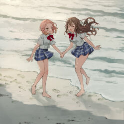 2girls bangs_pinned_back beach blue_skirt blush bow bowtie breasts brown_hair closed_eyes collared_shirt d4dj full_body green_eyes highres inuyose_shinobu long_hair medium_breasts multiple_girls ocean open_mouth outdoors pink_hair plaid_clothes plaid_skirt pleated_skirt red_bow red_bowtie sand shirt short_hair short_sleeves skirt smile thighs white_shirt yamate_kyouko yutsumoe
