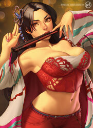 1girl artist_name black_hair breasts brown_eyes bustier butterfly_hair_ornament commentary english_commentary fatal_fury folded_fan folding_fan hair_down hair_ornament hand_fan haori highres japanese_clothes large_breasts long_hair mouth_hold official_alternate_costume official_alternate_hairstyle pants patreon_username pink_nails red_bustier red_pants shiranui_mai solo street_fighter street_fighter_6 suddakka watermark web_address