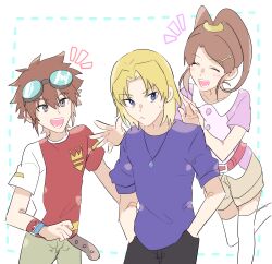 Rule 34 | 1girl, 2boys, amano nene (digimon xros wars), aonuma kiriha, closed eyes, digimon, digimon xros wars, digimon xros wars: toki wo kakeru shounen hunter-tachi, hair ornament, hairclip, kudou taiki, long hair, multiple boys, pixiv user (5330641), ponytail, split ponytail