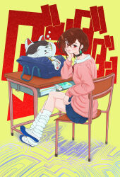 1girl absurdres ayase_momo bag brown_hair chair dandadan desk hand_on_own_cheek hand_on_own_face highres pink_sweater red_eyes school_bag school_chair school_desk shoes shyiek_art sitting skirt solo sweater uwabaki