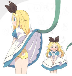 Rule 34 | 1girl, alice (moyori), animal print, assisted exposure, back-print panties, black bow, blonde hair, blue dress, blue eyes, blush, bow, clothes lift, commentary, dress, dress lift, embarrassed, forehead, from behind, hair bow, hairband, juliet sleeves, long hair, long sleeves, moyori, open mouth, original, panties, parted bangs, petticoat, pinafore dress, print panties, puffy short sleeves, puffy sleeves, rabbit panties, rabbit print, short sleeves, skirt, skirt lift, sleeveless, sleeveless dress, solo, sweatdrop, tentacles, translation request, underwear, white dress, yellow panties