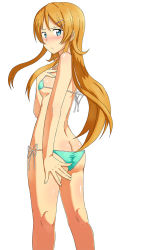 1girl ass bikini blue_bikini blue_eyes blush breasts brown_hair butt_crack female_focus from_behind ka-9 kneepits kousaka_kirino long_hair micro_bikini ore_no_imouto_ga_konna_ni_kawaii_wake_ga_nai side-tie_bikini_bottom sideboob simple_background small_breasts solo swimsuit white_background