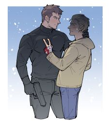 Rule 34 | 2boys, bandages, black gloves, black pants, black shirt, blonde hair, blood, bloody bandages, blue pants, blush, border, brown hair, chris redfield, closed mouth, cropped legs, denim, ethan winters, facial hair, gloves, gun, hair slicked back, hand on another&#039;s chest, hand on another&#039;s neck, handgun, highres, holding, holding gun, holding weapon, hood, hood down, hoodie, injury, jeans, kalamari, layered clothes, long sleeves, looking at another, male focus, missing finger, multiple boys, nervous sweating, pants, resident evil, resident evil village, shirt, short hair, sideburns, snow, snowing, sweat, sweatdrop, turtleneck, weapon, white border, yaoi, yellow hoodie