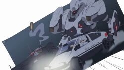 ae86 armored_core armored_core_vi:_fires_of_rubicon ayre_(armored_core_vi) car crossover drifting glowing gun highres initial_d mecha motion_lines motor_vehicle personification robot shell_casing shotgun smoke speed_lines weapon