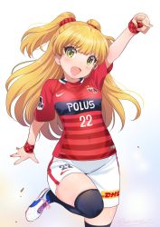 1girl :d ad artist_name blonde_hair checkered_wristband fang fingernails green_eyes hair_ornament hair_scrunchie highres idolmaster idolmaster_cinderella_girls inoue_sora j._league jougasaki_rika long_hair looking_at_viewer nike_(company) open_mouth red_scrunchie revision scrunchie shirt smile soccer_uniform solo sportswear standing standing_on_one_leg striped_clothes striped_scrunchie striped_shirt sweatband thighhighs twitter_username urawa_red_diamonds wristband