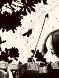 1girl bow_(music) bug butterfly graphite_(medium) greyscale half-closed_eyes highres holding holding_bow_(music) holding_instrument holding_violin insect instrument lips monochrome music original outdoors parted_hair playing_instrument silk sky spider_web tp_p_pt traditional_media violin