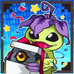 Rule 34 | alraumon, digimon, digimon (creature), fang, gift, happy, kuramon, one-eyed, smile, sticker