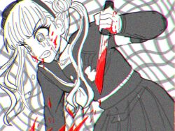 1girl blood blood_on_face blood_splatter bloody_knife bloody_weapon crying crying_with_eyes_open female_focus holding holding_knife holding_weapon knife last_defense_academy_school_uniform limited_palette long_hair long_sleeves open_mouth simple_background solo solo_focus tears teeth the_hundred_line_-last_defense_academy- tsukumo_kako twintails upper_body weapon