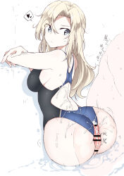 1boy 1girl after_buttjob after_ejaculation ass blonde_hair blue_eyes breasts bukkake buttjob closed_mouth clothed_female_nude_male competition_swimsuit cum cum_on_ass cum_on_body cum_on_clothes ejaculation heart hornet_(kancolle) kantai_collection large_breasts long_hair looking_back nude off_shoulder one-piece_swimsuit penis racerback shigino_sohuzi sideboob solo_focus spoken_heart swimsuit