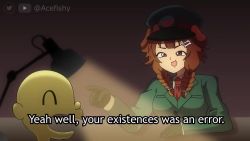 &gt;_&lt; 1girl :3 acefish alternate_costume animal_ears animated audible_speech bone_hair_ornament brown_eyes brown_hair dog_ears dog_girl english_text formal_clothes green_suit hair_ornament hat hololive hololive_english inugami_korone laughing listener_(inugami_korone) necktie open_mouth papers_please passport punching red_neckwear smile smol_ame sound subtitled suit v-shaped_eyebrows video virtual_youtuber walfie_(style) watson_amelia