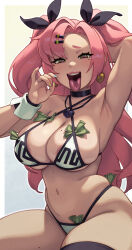 1girl absurdres areola_slip bare_shoulders bikini black_ribbon breasts cleavage crop_top fellatio_gesture green_eyes hair_ornament hair_ribbon hairclip handjob_gesture heart heart-shaped_pupils highres implied_prostitution large_breasts long_hair looking_at_viewer mole money nail_polish naughty_face navel nicole_demara object_in_clothes oral_invitation pink_hair ribbon riz sexually_suggestive smile solo swimsuit symbol-shaped_pupils thick_thighs thighs tongue tongue_out tucked_money two_side_up zenless_zone_zero