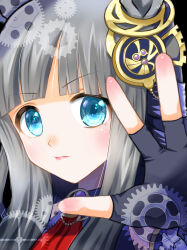 1girl blue_eyes blunt_bangs blush breasts chrono_genesis_(umamusume) commentary_request fingerless_gloves gears gloves grey_hair hair_between_eyes hair_ornament highres horse_girl irorian long_hair looking_at_viewer reaching reaching_towards_viewer simple_background small_breasts solo umamusume