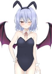 1girl ;) absurdres alternate_costume animal_ears arm_at_side bare_shoulders bat_wings black_leotard blue_hair blush breasts closed_mouth collarbone commentary_request covered_navel cowboy_shot crossed_bangs detached_collar eyes_visible_through_hair fake_animal_ears hair_between_eyes hair_ribbon hand_on_own_hip highleg highleg_leotard highres leotard looking_at_viewer medium_hair one_eye_closed playboy_bunny rabbit_ears red_eyes red_ribbon remilia_scarlet ribbon simple_background small_breasts smile solo straight-on strapless strapless_leotard szl touhou tsurime white_background white_wrist_cuffs wings wrist_cuffs