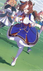 5girls ahoge animal_ears bag between_breasts blue_skirt blue_vest breasts brown_hair cloud commentary_request dated full_body gloves hairband horse_ears horse_girl large_breasts long_sleeves looking_at_viewer meisho_doto_(umamusume) multicolored_hair multiple_girls outdoors pants pink_eyes racing running shadow shirt shoes short_hair shoulder_bag skirt solo_focus strap_between_breasts streaked_hair sweat takuzui twitter_username umamusume vest white_gloves white_pants white_shirt white_shoes
