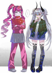 Rule 34 | ..., artist name, baobhan sith (fate), black boots, black jacket, boots, collared jacket, collared shirt, demon horns, fate/grand order, fate (series), full body, gradient background, green eyes, grey eyes, grey shirt, hair intakes, high collar, highres, horns, irobidsw, jacket, knee boots, lilith (fate), long hair, looking at another, miniskirt, overexposure, pants, pink pants, ponytail, red hair, red track suit, ringlets, shirt, skirt, speech bubble, thighhighs, track suit, twintails, white hair, white shirt, zettai ryouiki, zipper