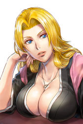 1girl arm_support azasuke black_kimono bleach blonde_hair blue_eyes breasts cleavage female_focus head_rest head_tilt huge_breasts japanese_clothes jewelry kimono long_hair looking_at_viewer matsumoto_rangiku mole mole_under_mouth necklace parted_lips ring ring_necklace simple_background solo upper_body white_background