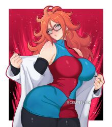 1girl android_21 bare_shoulders black_pantyhose blue_dress blue_eyes blush border breasts brown_hair celebelian checkered_clothes checkered_dress coat cowboy_shot dragon_ball dragon_ball_fighterz dress earrings glasses highres hoop_earrings jewelry lab_coat large_breasts long_hair pantyhose red_background red_dress simple_background solo two-tone_dress white_border white_coat