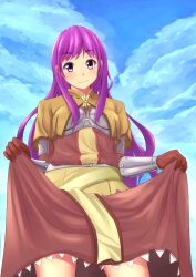 1girl blue_sky blush brown_capelet brown_dress brown_gloves capelet chest_guard closed_mouth cloud commentary_request cowboy_shot curtsey day dress gloves highres kurohachiboku long_hair looking_at_viewer outdoors purple_eyes purple_hair ragnarok_online sky smile solo swordsman_(ragnarok_online)