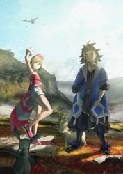1boy 1girl absurdres adaman_(pokemon) arm_up arm_wrap blonde_hair blue_coat bracelet cloud coat collar commentary_request day eyebrow_cut gen_2_pokemon gen_4_pokemon glaceon green_hair gyoukan_(jfxc) hairband highres hisuian_braviary irida_(pokemon) jewelry leafeon looking_at_viewer medium_hair mountain multicolored_hair neck_ring nintendo open_clothes open_coat outdoors pokemon pokemon_(creature) pokemon_legends:_arceus red_footwear red_hairband red_shirt sash shirt shoes shorts sky smile standing stone strapless strapless_shirt togetic waist_cape white_shorts